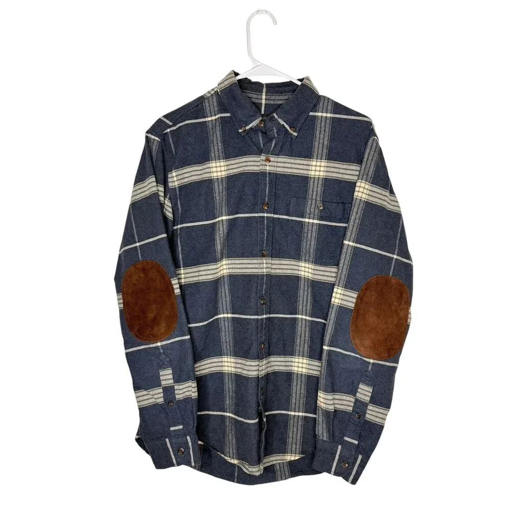 J. Crew Men’s Cotton Leather Flannel Plaid Shirt Size M Elbow Patches Blue